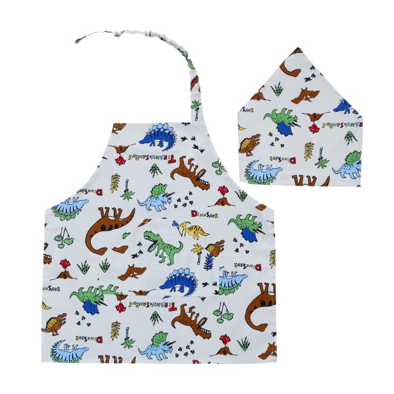 人気☆グレー☆110〜130cm相当☆恐竜図鑑☆簡単子供エプロン＆三角巾